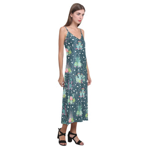 Cactus glass terrarium pattern V-Neck Open Fork Long Dress