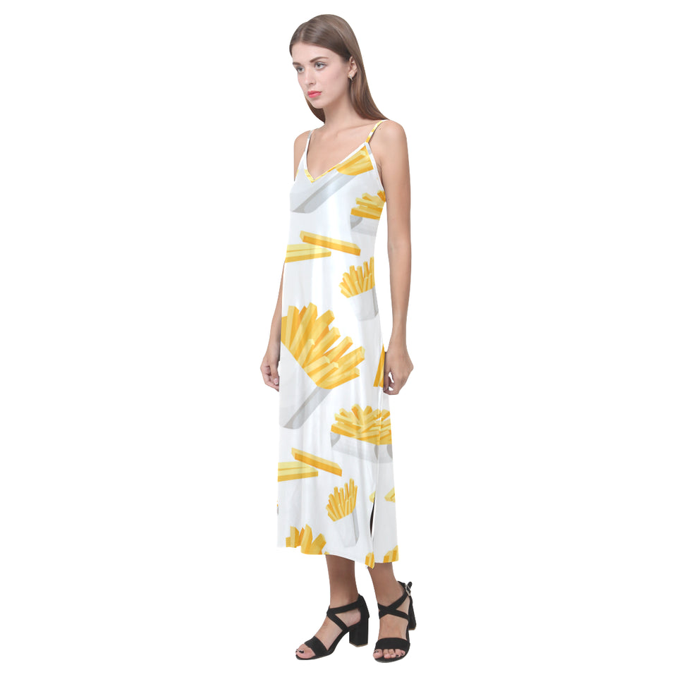 French fries white paper box pattern V-Neck Open Fork Long Dress