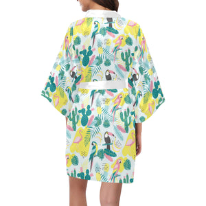 Cute parrot toucan flamingo cactus exotic leaves p Women's Short Kimono Robe