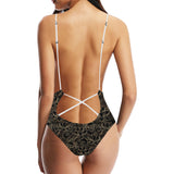 luxurious gold lotus waterlily black background Women's One-Piece Swimsuit