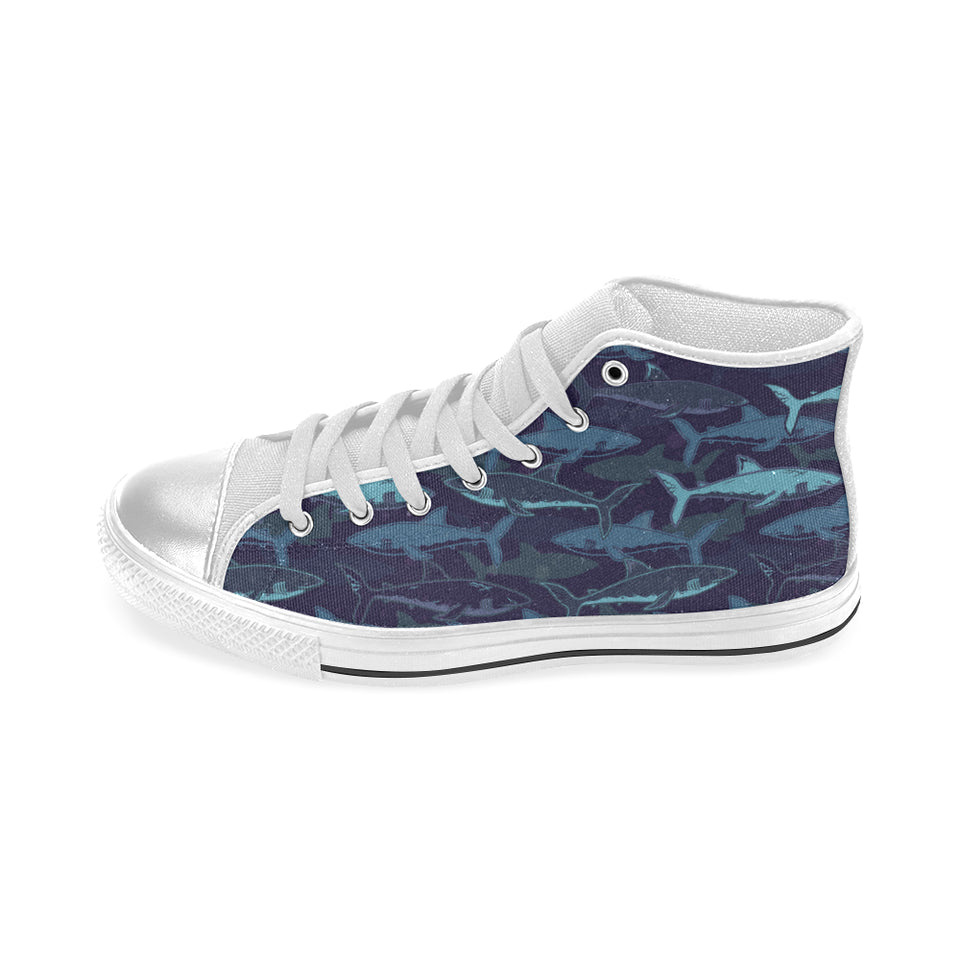 Shark pattern Women's High Top Canvas Shoes White