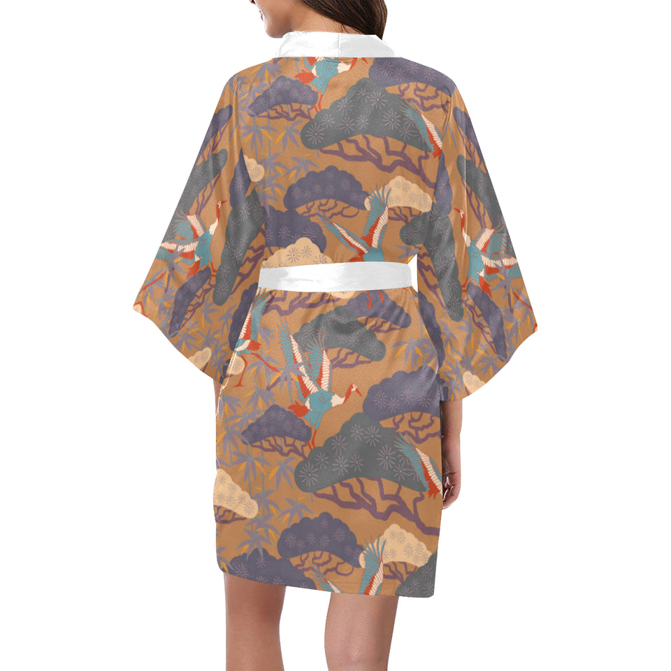 Bonsai bamboo stork japanese pattern brown theme Women's Short Kimono Robe