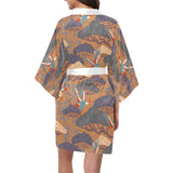 Bonsai bamboo stork japanese pattern brown theme Women's Short Kimono Robe