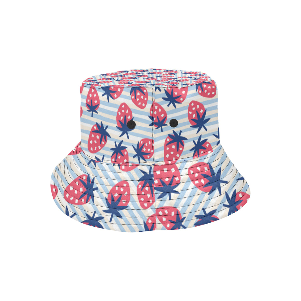 Strawberry pattern blue lines background Unisex Bucket Hat