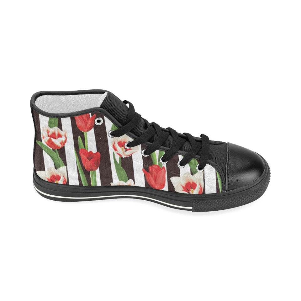 red and white tulips pattern Women's High Top Canvas Shoes Black