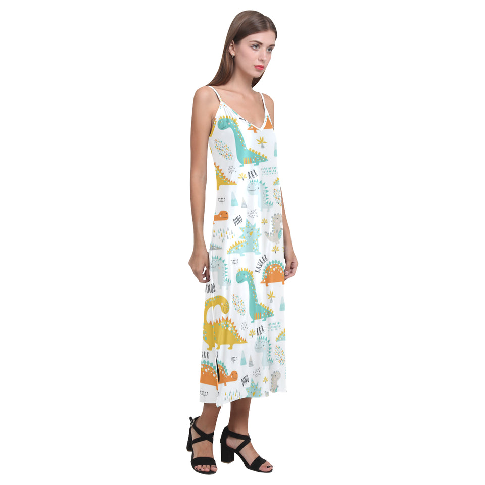 Cute funny kids dinosaurs pattern V-Neck Open Fork Long Dress