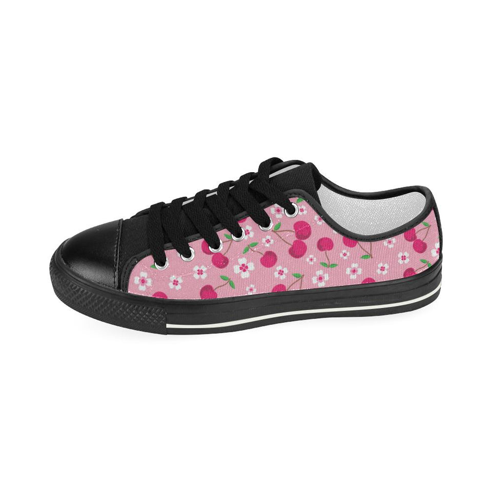 cherry flower pattern pink background Kids' Boys' Girls' Low Top Canvas Shoes Black