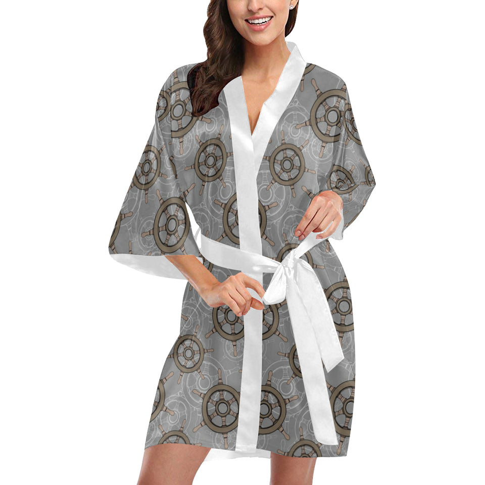 nautical wood steering wheel pattern Women's Short Kimono Robe