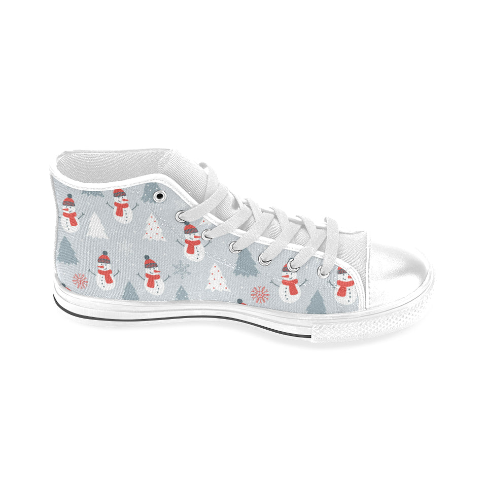 Snowman christmas  tree snow gray background Men's High Top Canvas Shoes White