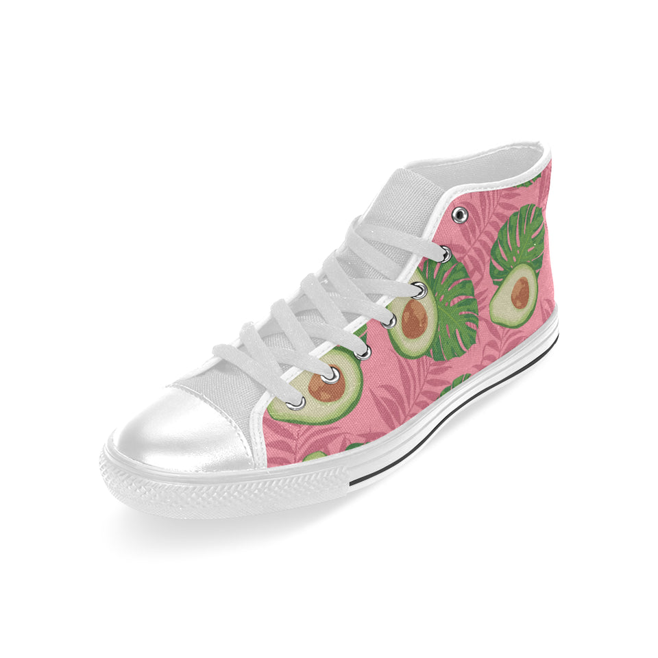 Avocado slices leaves pink back ground Men's High Top Canvas Shoes White