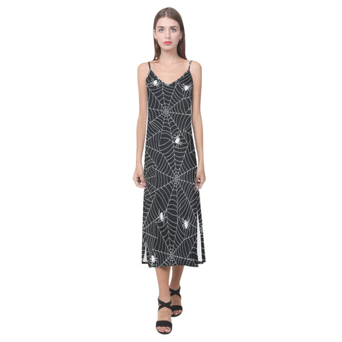 Spider web design pattern Black background white c V-Neck Open Fork Long Dress