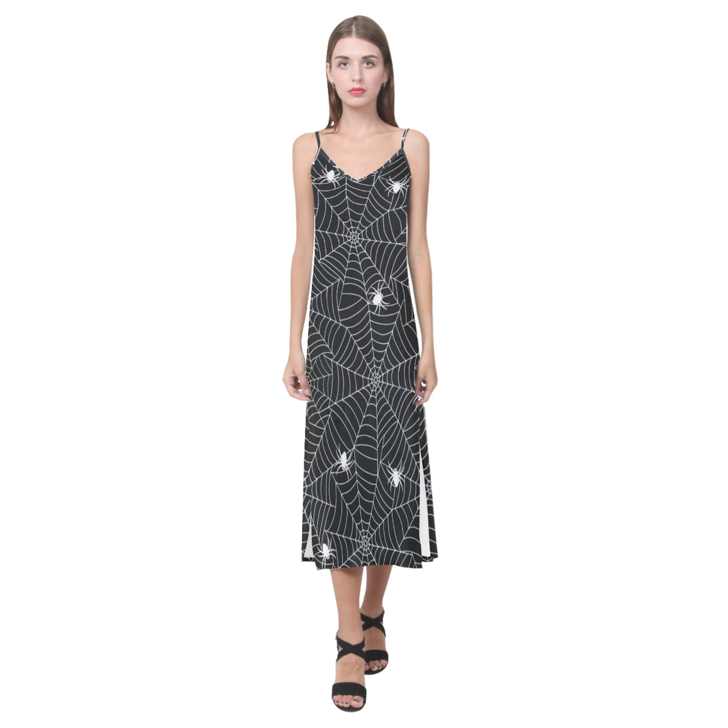 Spider web design pattern Black background white c V-Neck Open Fork Long Dress