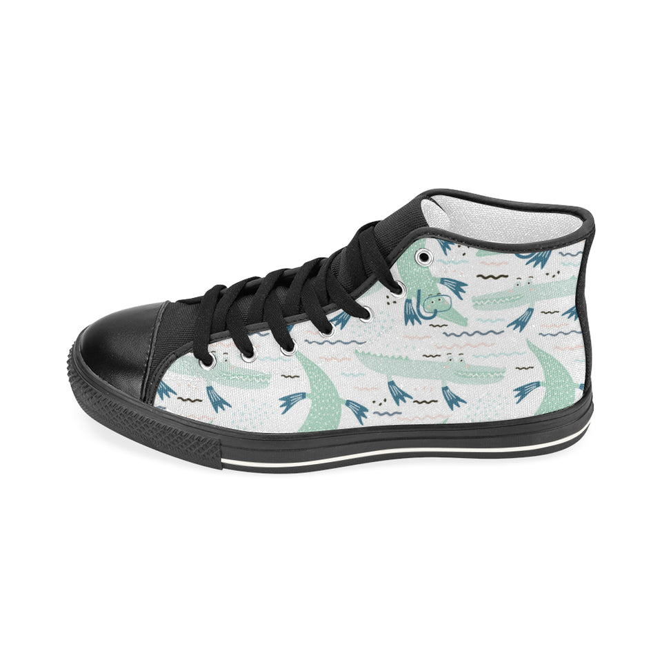Crocodile diver pattern Women's High Top Canvas Shoes Black