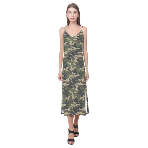 Dark Green camouflage pattern V-Neck Open Fork Long Dress