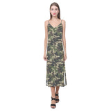 Dark Green camouflage pattern V-Neck Open Fork Long Dress