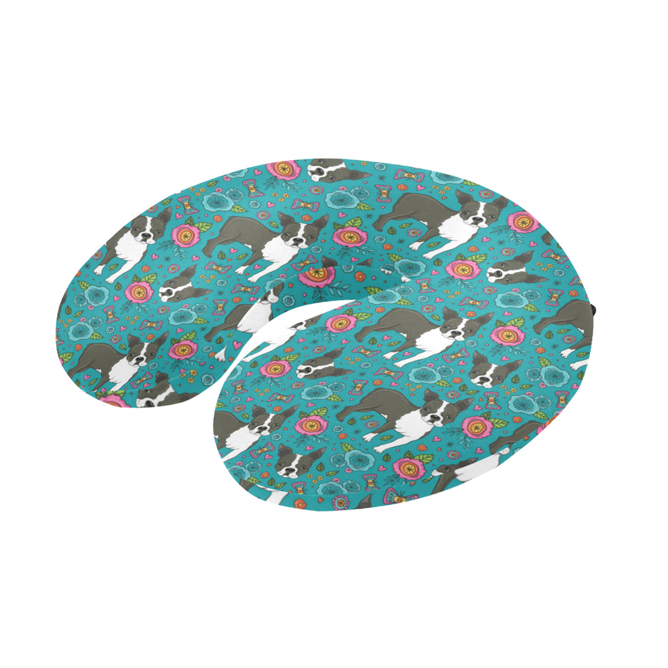 Boston terrier beautiful flower pattern U-Shaped Travel Neck Pillow