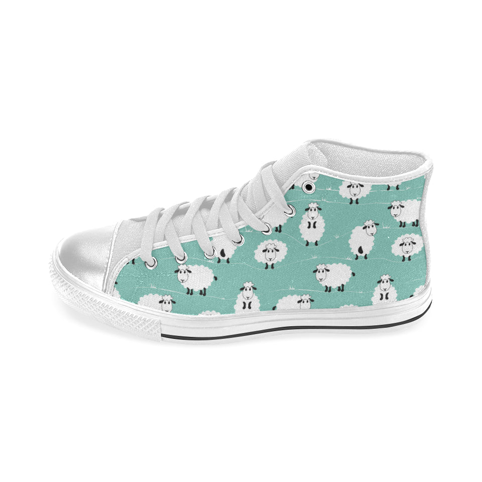 Cute sheep green background Women's High Top Canvas Shoes White