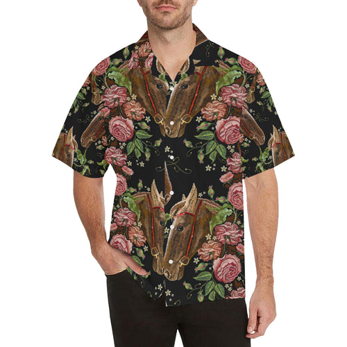 Horse head wild roses pattern Men's All Over Print Hawaiian Shirt