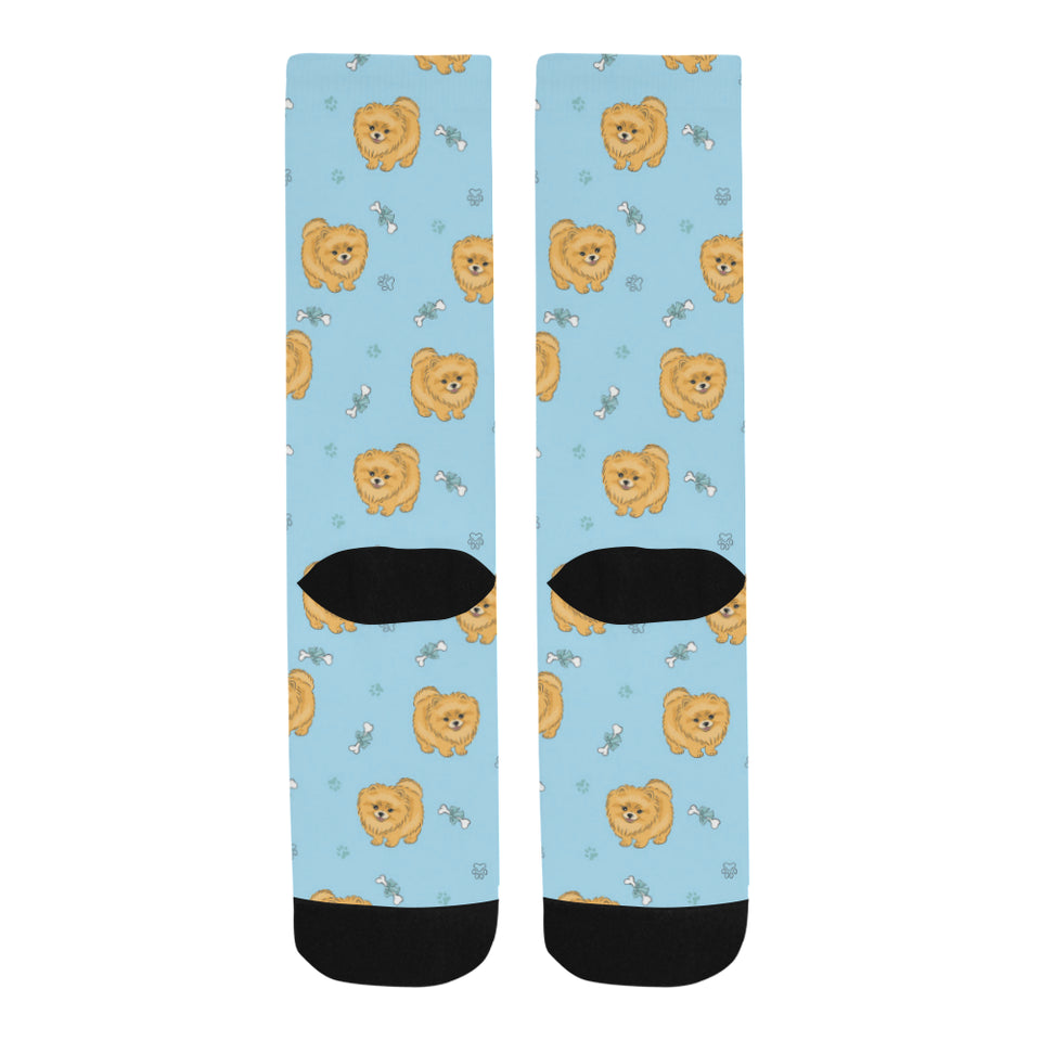 Brown cute pomeranian blue blackground Crew Socks