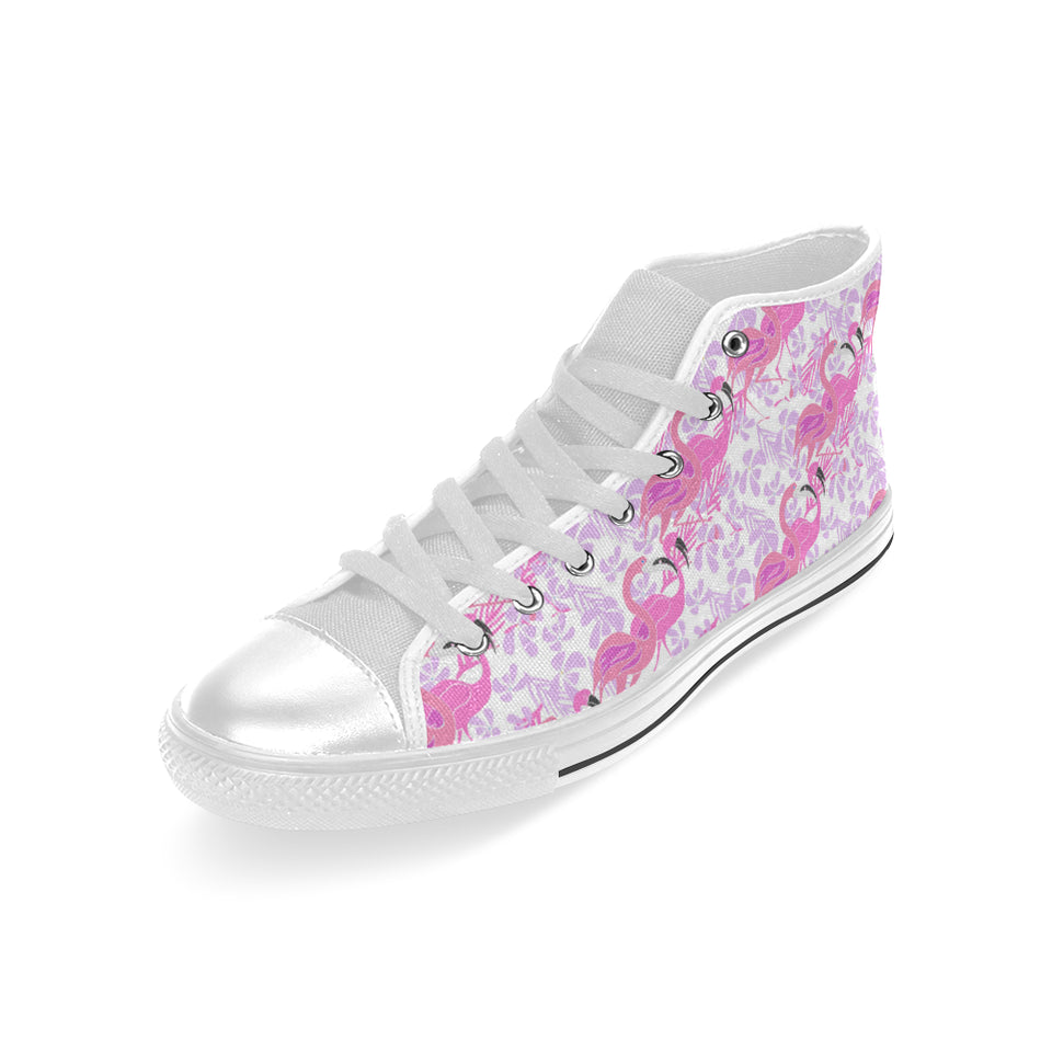 Pink flamingo flower pattern Men's High Top Canvas Shoes White