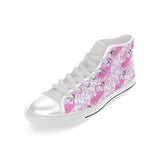 Pink flamingo flower pattern Men's High Top Canvas Shoes White