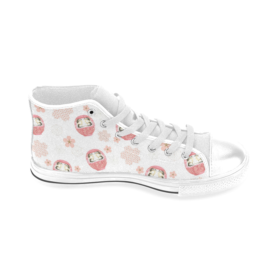 Daruma japanese wooden doll cherry blossom flower Men's High Top Canvas Shoes White
