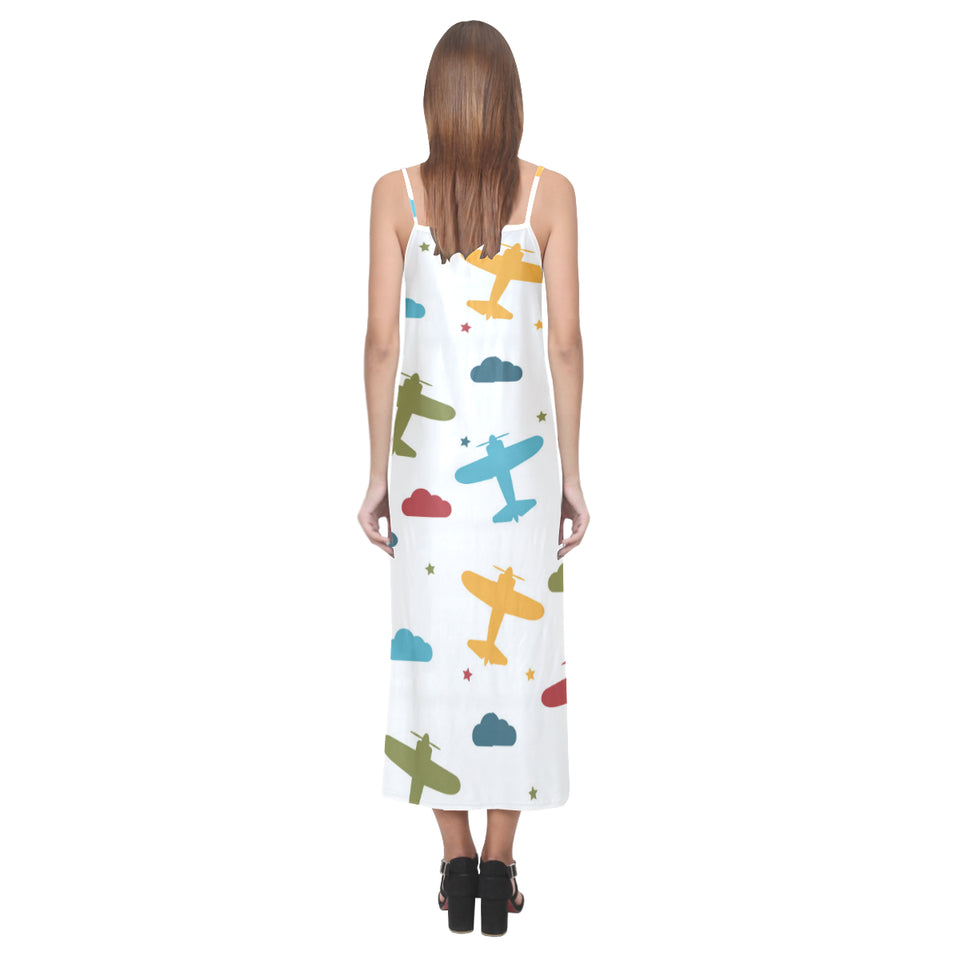 Airplane star cloud colorful V-Neck Open Fork Long Dress