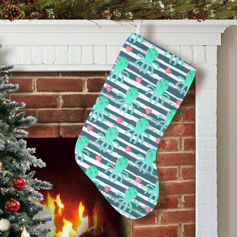 Cute octopuses heart striped background Christmas Stocking