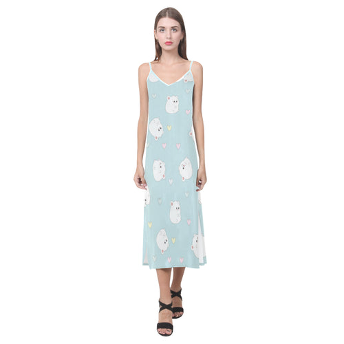 White cute hamsters heart pattern V-Neck Open Fork Long Dress