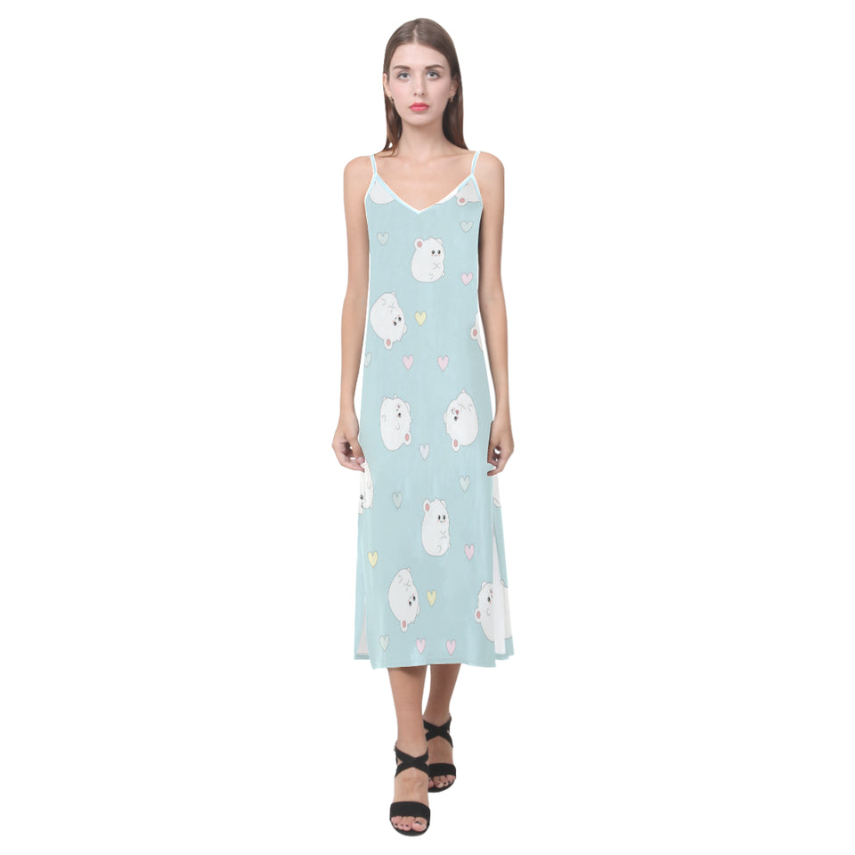 White cute hamsters heart pattern V-Neck Open Fork Long Dress