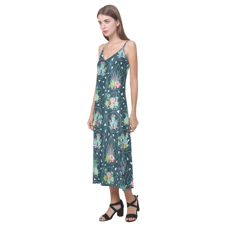 Cactus glass terrarium pattern V-Neck Open Fork Long Dress