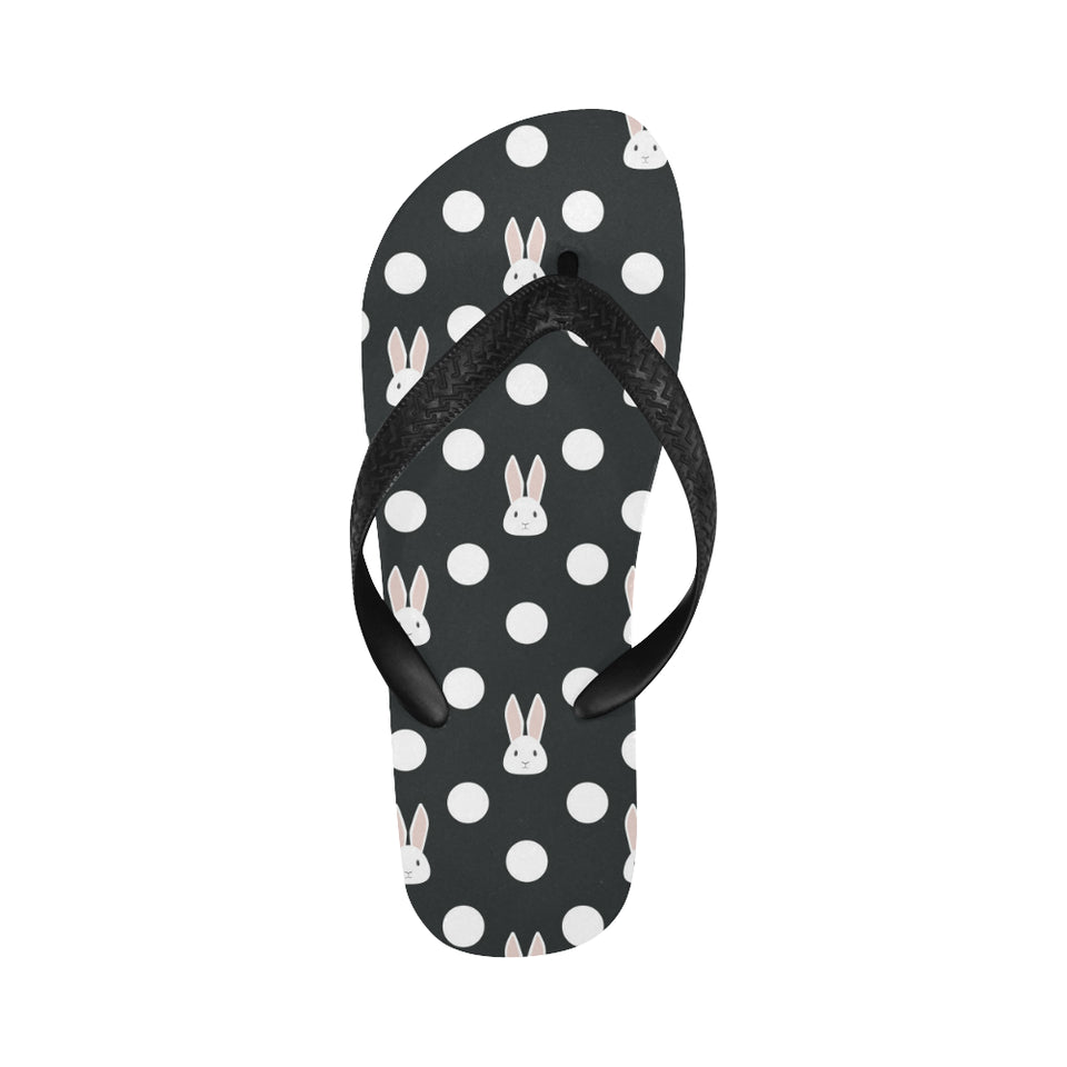 Cute white rabbit polka dots black background Unisex Flip Flops