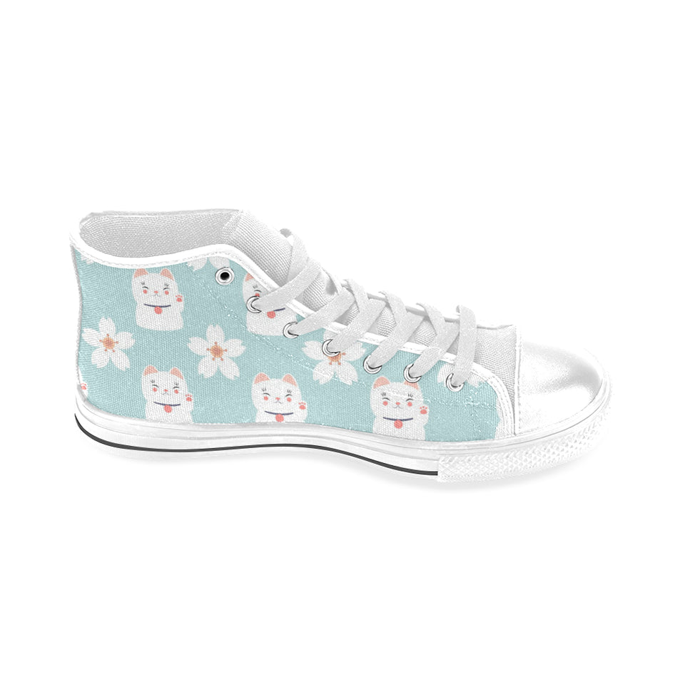 Maneki neko cat sakura Men's High Top Canvas Shoes White