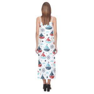Cute color paper sailboat pattern V-Neck Open Fork Long Dress