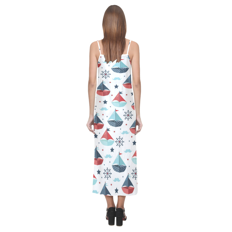 Cute color paper sailboat pattern V-Neck Open Fork Long Dress