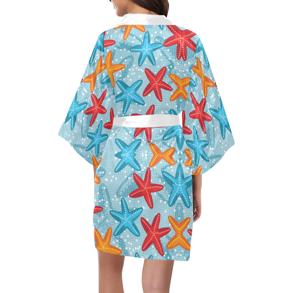 Blue red orange starfish pattern Women's Short Kimono Robe