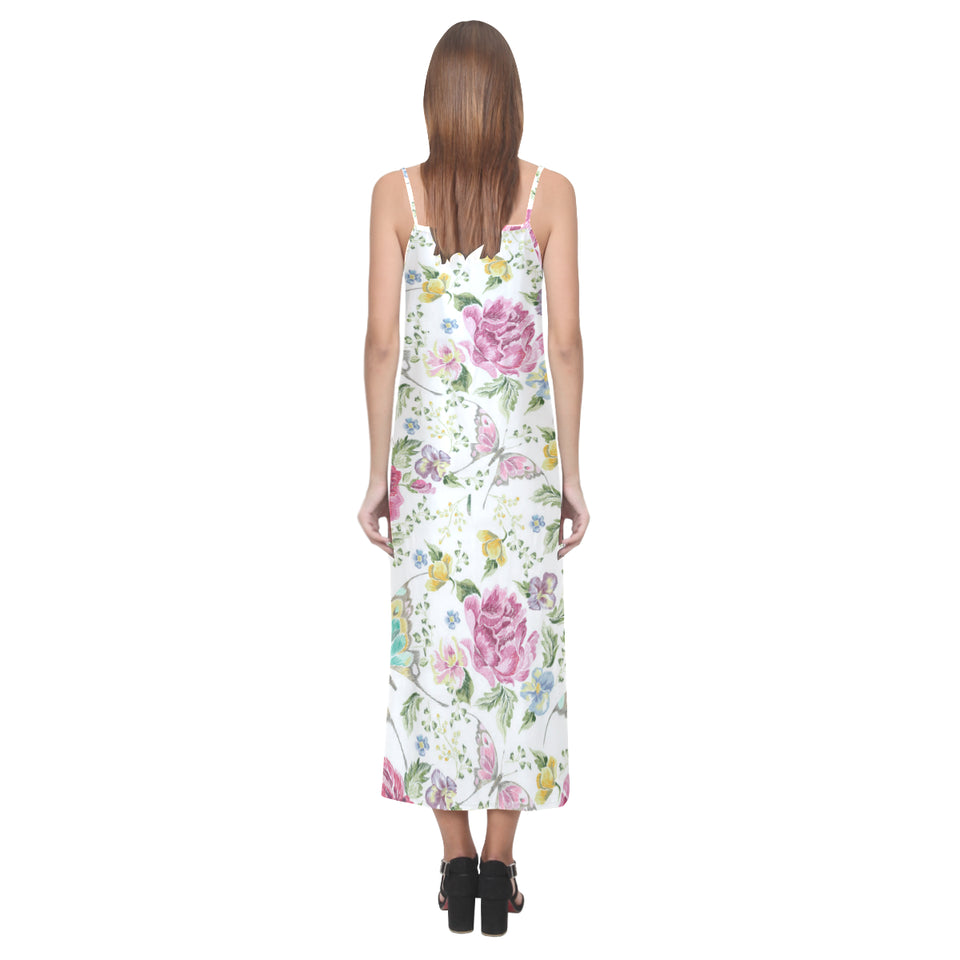 Hand drawn butterfly rose V-Neck Open Fork Long Dress