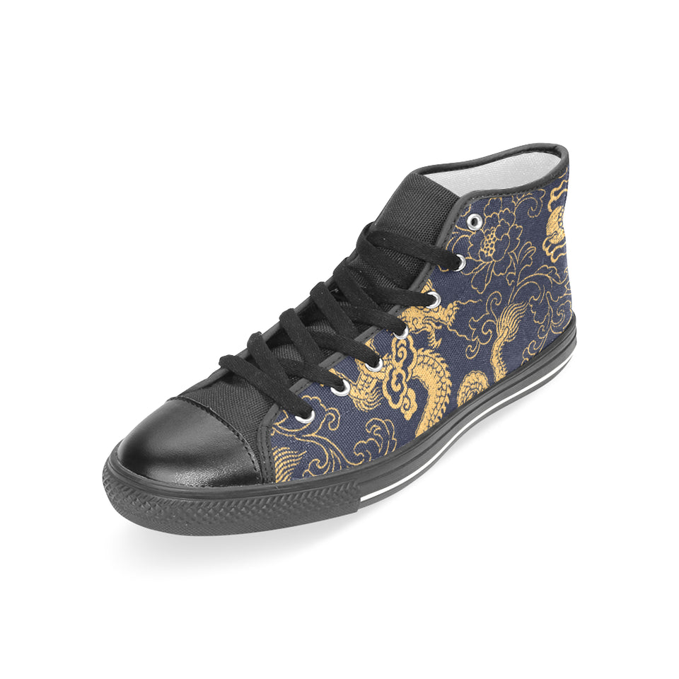 Gold dragon pattern Women's High Top Canvas Shoes Black