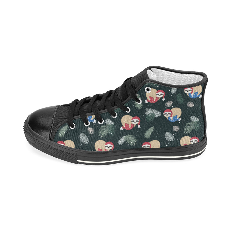 Cute sloths sleeping christmas ball santa hat patt Women's High Top Canvas Shoes Black