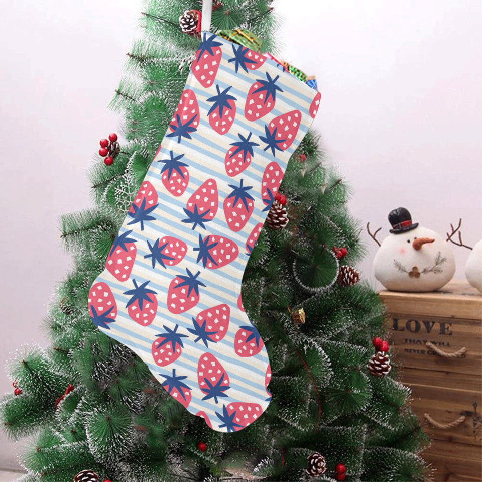 Strawberry pattern blue lines background Christmas Stocking