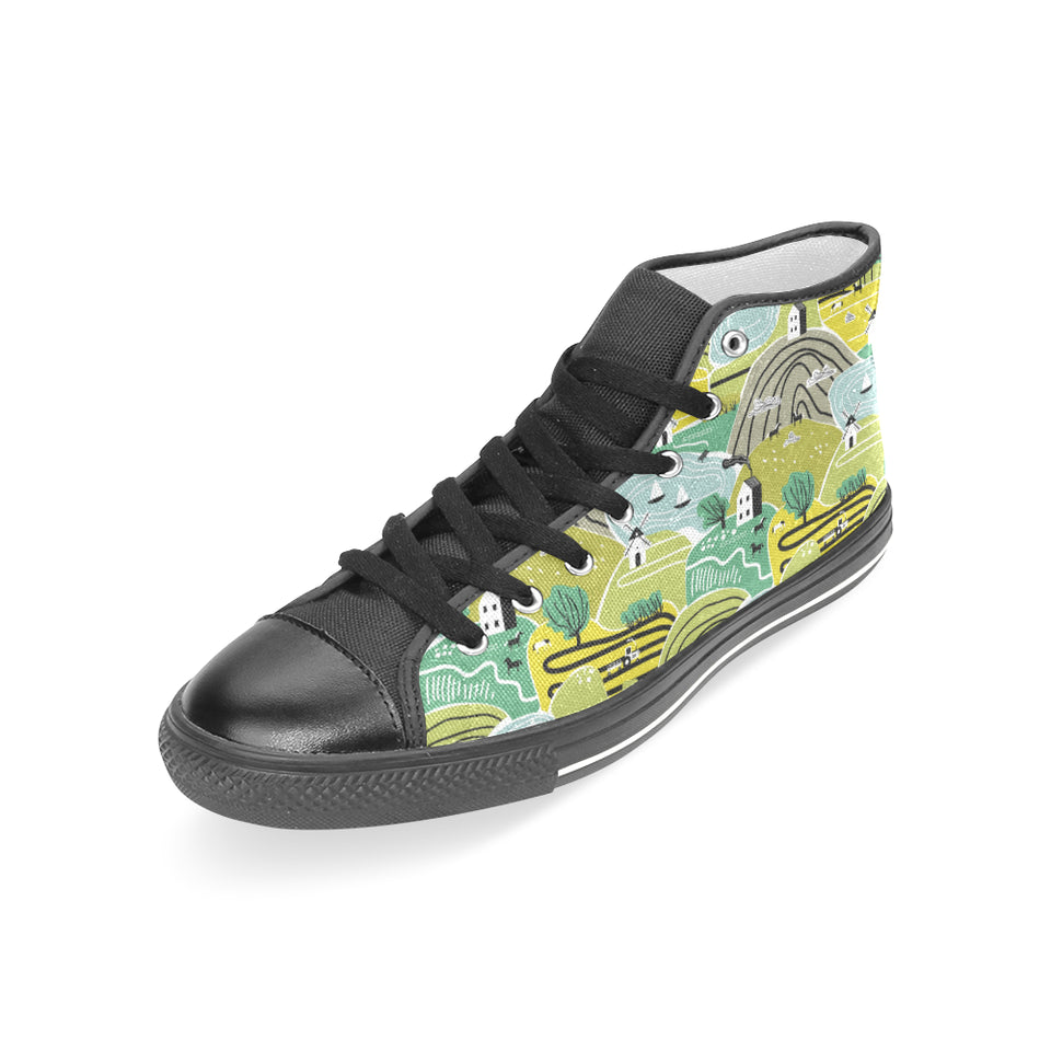 Hand drawn windmill pattern Women's High Top Canvas Shoes Black