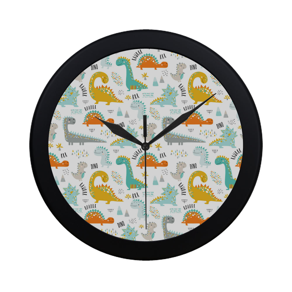 Cute funny kids dinosaurs pattern Elegant Black Wall Clock