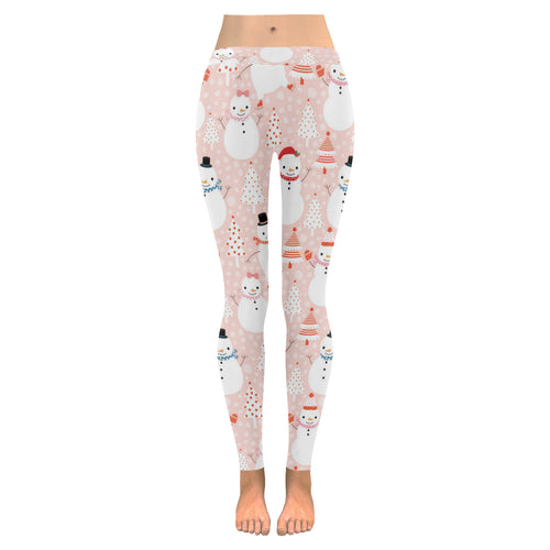Cute snowman christmas tree snowpink background Women's Legging Fulfilled In US