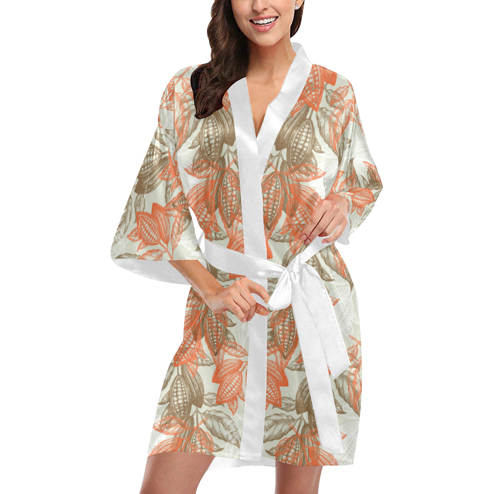 Cocoa beans Cocoa tree pattern Women's Short Kimono Robe