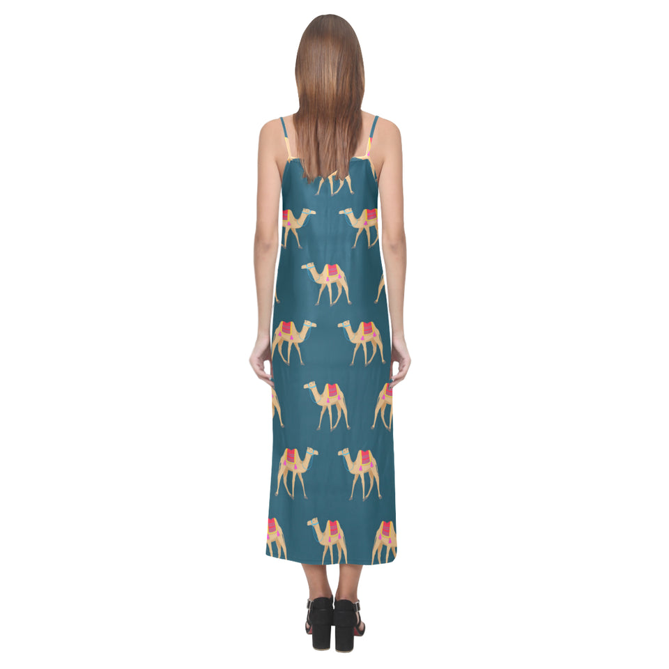 Camel pattern blue blackground V-Neck Open Fork Long Dress