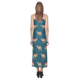 Camel pattern blue blackground V-Neck Open Fork Long Dress