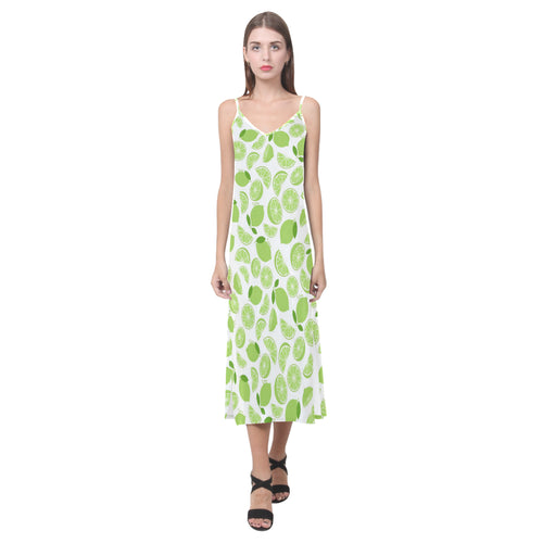 Lime design pattern V-Neck Open Fork Long Dress