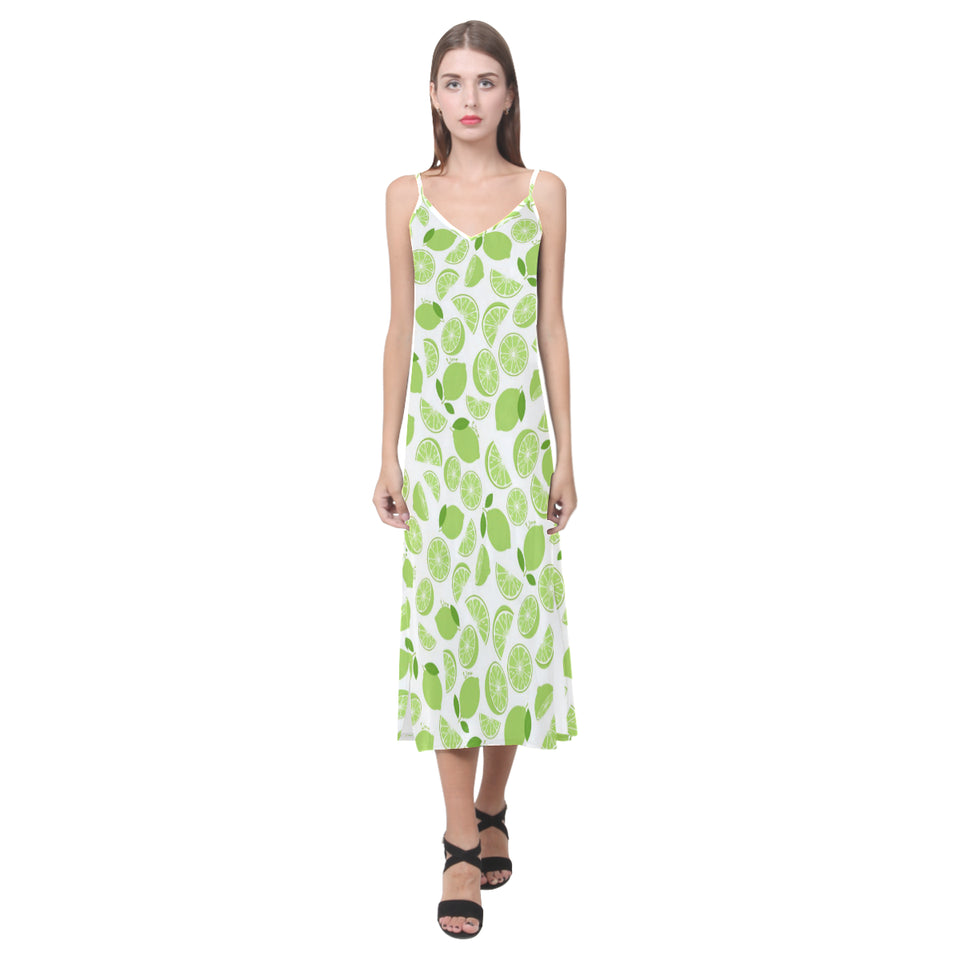 Lime design pattern V-Neck Open Fork Long Dress