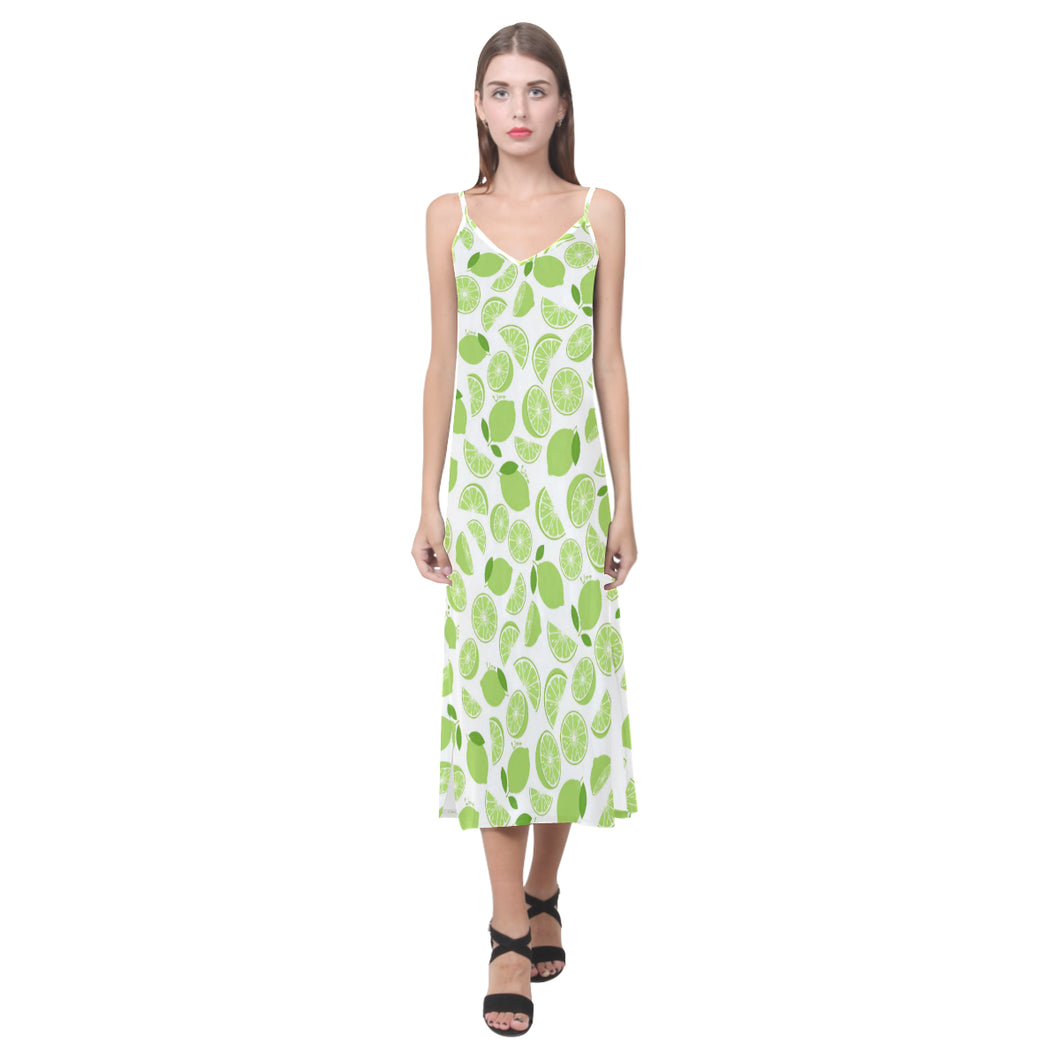 Lime design pattern V-Neck Open Fork Long Dress