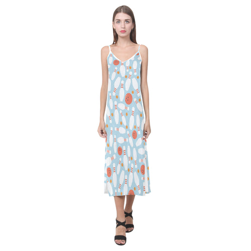 Bowling ball bowling pins blue blackground V-Neck Open Fork Long Dress